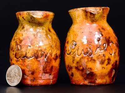 Rare Pair of Miniature Redware Presentation Pitchers, attrib. Jacob Medinger, Montgomery Co, PA