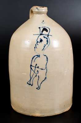 Unusual 4 Gal. Stoneware Jug with Slip-Trailed Man in Top Hat Decoration