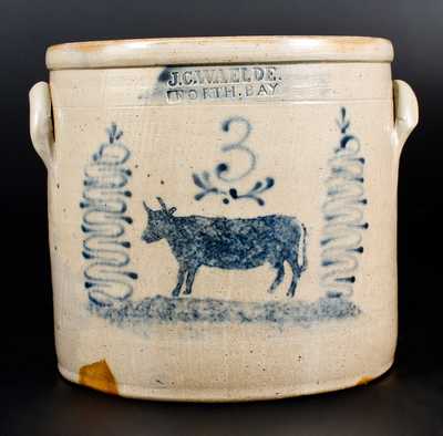 Unusual J. C. WAELDE / NORTH BAY Crock with Stenciled Cow Decoration