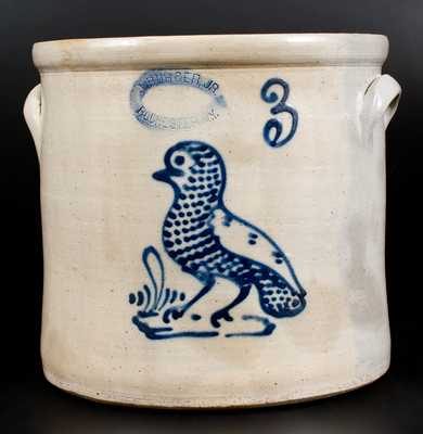 J. BURGER JR. / ROCHESTER, NY Stoneware Crock with Slip-Trailed Bird Decoration