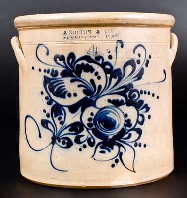 4 Gal. J. NORTON & CO. / BENNINGTON, VT Stoneware Crock with Slip-Trailed Floral Decoration