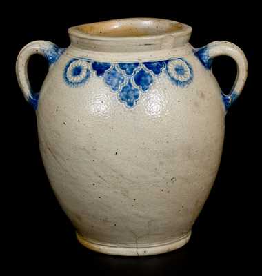 Very Fine Vertical-Handled Stoneware Jar w/ Impressed Designs, Crolius, Manhattan, c1790
