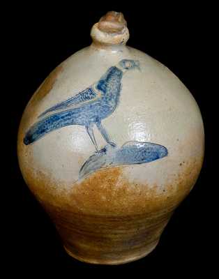 Rare Ovoid Stoneware Jug w/ Very Fine Incised Bird Decoration, Manhattan, circa 1800