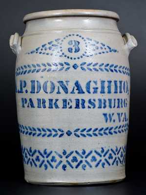 3 Gal. A. P. DONAGHHO / PARKERSBURG, W. VA. Stoneware Jar w/ Stenciled Decoration