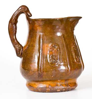 Unusual Redware Hound-Handled Pitcher w/ Inscribed Signature, probably Adams Co, PA