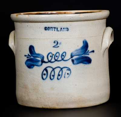 Two-Gallon CORTLAND, NY Stoneware Crock with Cobalt Floral Decoration, c1867-9