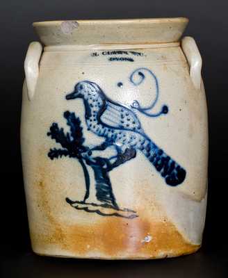Rare N. CLARK & CO. / LYONS Stoneware Jar with Fine Slip-Trailed Bird Decoration