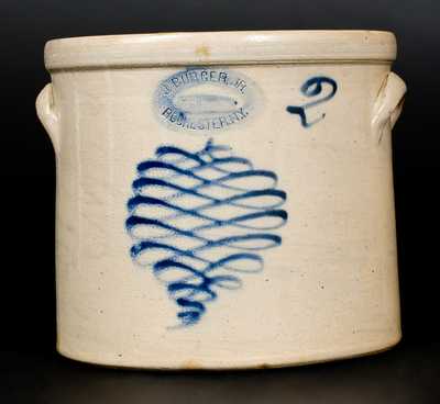 2 Gal. J. BURGER JR. / ROCHESTER Stoneware Crock with Slip-Trailed Decoration