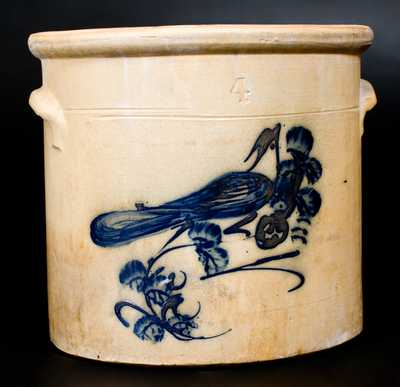 4 Gal. Stoneware Crock with Bold Bird Decoration att. Whites Pottery, Utica, NY