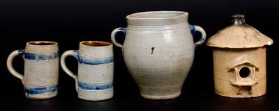 Lot of Four: Assorted Stoneware Mugs incl. 18th Century Jar, Two Mugs, DALTON, OHIO Birdhouse