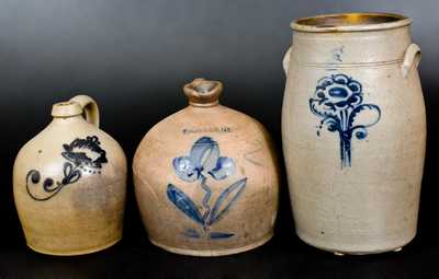 Lot of Three: Stoneware incl. Midwestern Churn and Two Jugs, One Marked CORTLAND