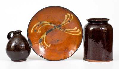 Lot of Three: Redware incl. Slip-Decorated Plate, Jar, and Small Jug