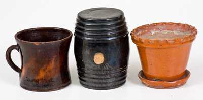 Lot of Three: Redware Rundlet, Flowerpot, and Mug