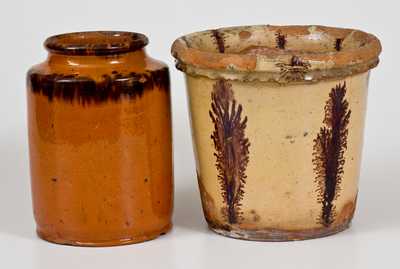 Lot of Two: Redware Flowerpot with Seaweed Decoration and Redware Jar with Sponged Manganese