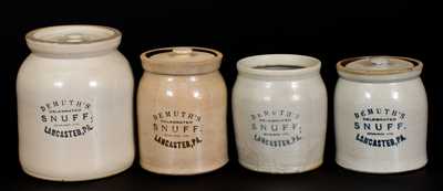 Lot of Four: DEMUTH'S CELEBRATED SNUFF / LANCASTER, PA Stoneware Jars