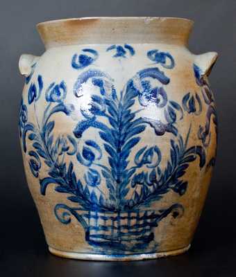 Exceptional 6 Gal. Baltimore Stoneware Jar w/ Profuse Floral Basket Decoration