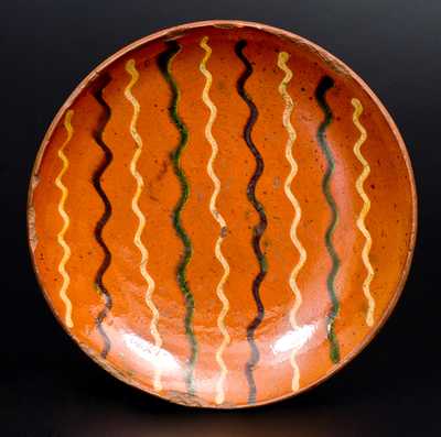 Very Fine PA Redware Plate w/ Green, Brown, Yellow Slip Decoration, probably Berks County