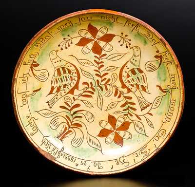 Important Samuel Troxel Sgraffito Redware Plate, Montgomery County, Pennsylvania, 1833