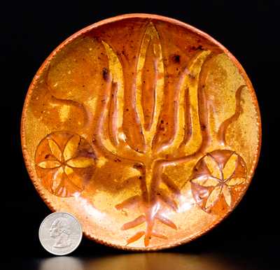 Exceptional Small-Sized Redware Plate with Sgraffito Decoration, c1800