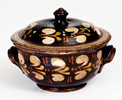 Extremely Rare Redware Sugar Bowl att. John Leman, Tylersport, Montgomery County, PA, c1830