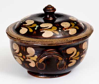Extremely Rare Redware Sugar Bowl att. John Leman, Tylersport, Montgomery County, PA, c1830