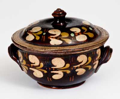 Extremely Rare Redware Sugar Bowl att. John Leman, Tylersport, Montgomery County, PA, c1830