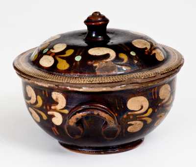 Extremely Rare Redware Sugar Bowl att. John Leman, Tylersport, Montgomery County, PA, c1830