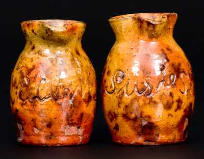 Rare Pair of Miniature Redware Presentation Pitchers, attrib. Jacob Medinger, Montgomery Co, PA