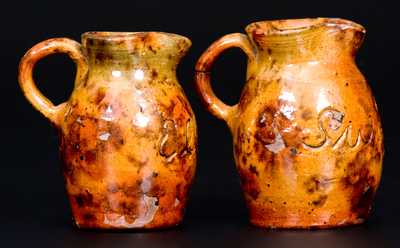 Rare Pair of Miniature Redware Presentation Pitchers, attrib. Jacob Medinger, Montgomery Co, PA