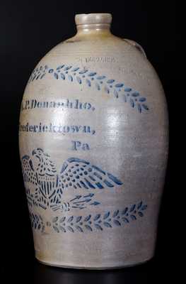 Fine A. P. DONAGHHO / FREDERICKTOWN, PA Stoneware Jug w/ Eagle and Impressed Mark