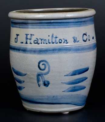 Fine Greensboro, PA Stoneware Cream Jar w/ J. Hamilton & Co. in Freehand Cobalt