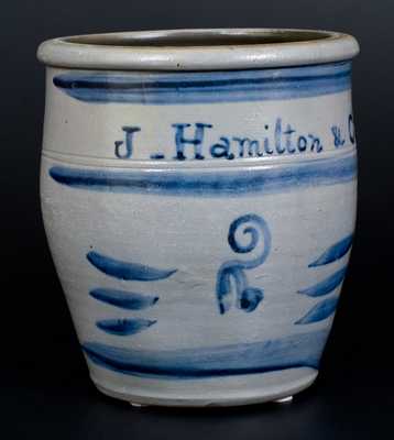 Fine Greensboro, PA Stoneware Cream Jar w/ J. Hamilton & Co. in Freehand Cobalt