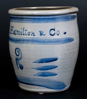 Fine Greensboro, PA Stoneware Cream Jar w/ J. Hamilton & Co. in Freehand Cobalt