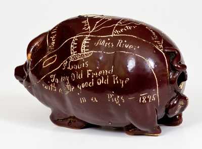 Anna Pottery Stoneware Pig Flask w/ Elaborate Incised Railroad and River Map, 1895