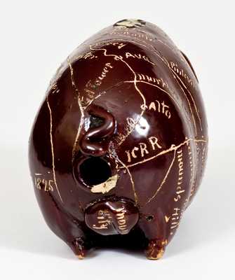 Anna Pottery Stoneware Pig Flask w/ Elaborate Incised Railroad and River Map, 1895