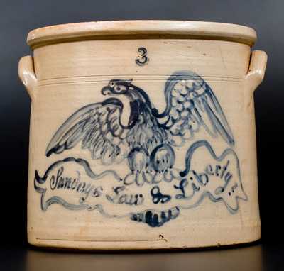 Very Rare Stoneware Crock w/ Elaborate Eagle Design Inscribed Sundays Law & Liberty, Manhattan