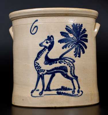 6 Gal. HUBBELL & CHEESBRO / GEDDES, NY Stoneware Crock w/ Elaborate Deer Scene