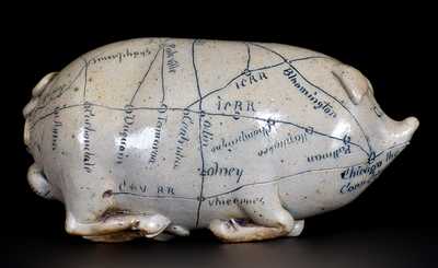 Very Fine ANNA POTTERY / 1889 Stoneware Pig Flask w/ Elaborate Incised Railroad and River Guide