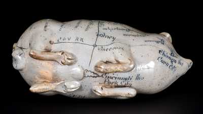 Very Fine ANNA POTTERY / 1889 Stoneware Pig Flask w/ Elaborate Incised Railroad and River Guide