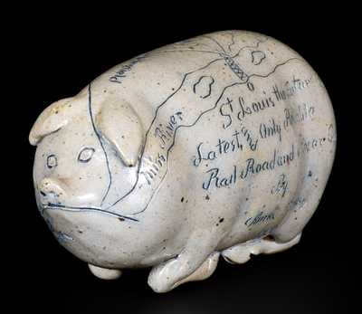 Very Fine ANNA POTTERY / 1889 Stoneware Pig Flask w/ Elaborate Incised Railroad and River Guide