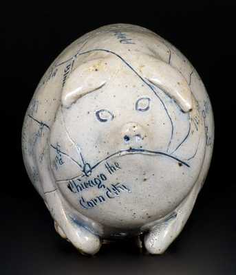 Very Fine ANNA POTTERY / 1889 Stoneware Pig Flask w/ Elaborate Incised Railroad and River Guide
