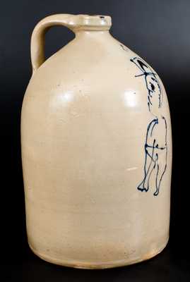 Unusual 4 Gal. Stoneware Jug with Slip-Trailed Man in Top Hat Decoration