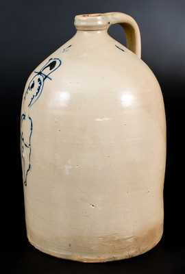 Unusual 4 Gal. Stoneware Jug with Slip-Trailed Man in Top Hat Decoration