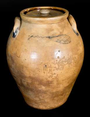 Rare 3 Gal. R. SEYMOUR / TROY Ovoid Stoneware Lidded Jar w/ Incised Bird