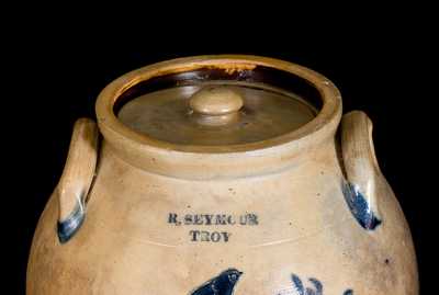 Rare 3 Gal. R. SEYMOUR / TROY Ovoid Stoneware Lidded Jar w/ Incised Bird
