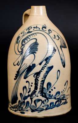 Fort Edward Stoneware Jug w/ Cobalt Pheasant-with-Banner Decoration, Inscribed E.D.P. +. Co.