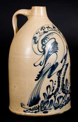 Very Elaborate 4 Gal. Fort Edward, NY Stoneware Jug w/ Bird-on-Stump Decoration