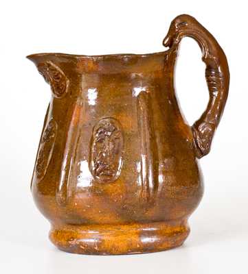 Unusual Redware Hound-Handled Pitcher w/ Inscribed Signature, probably Adams Co, PA