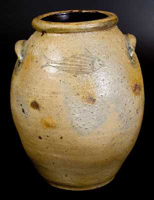 Rare Monumental Ohio Stoneware Jar w/ Incised Fish and Tree Decoration, Signed / Dated 1833