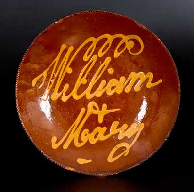 Rare William & Mary Slip-Decorated Redware Plate, Norwalk, CT origin